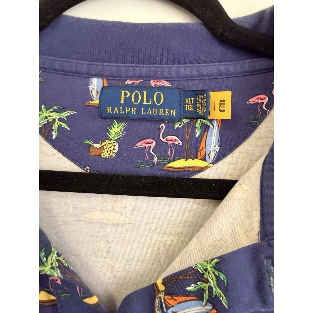 Polo Ralph Lauren Novelty Tropical Flamingo Tree Polo Shirt Blue Men's Size XLT